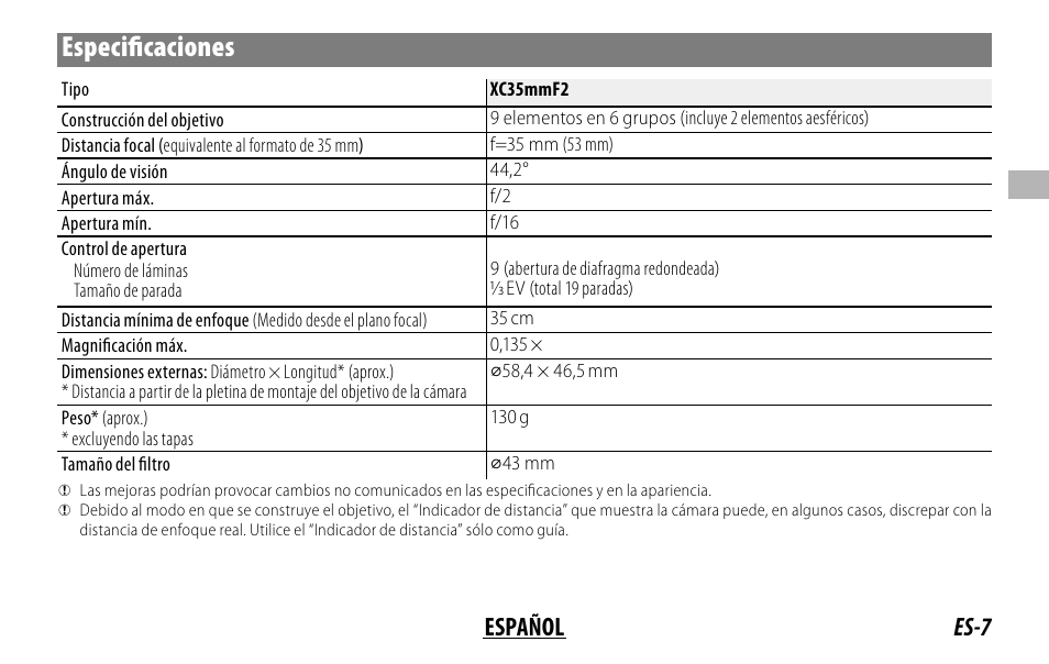 Especifi caciones, Es-7 español | FujiFilm XC 35mm f/2 Lens User Manual | Page 35 / 120