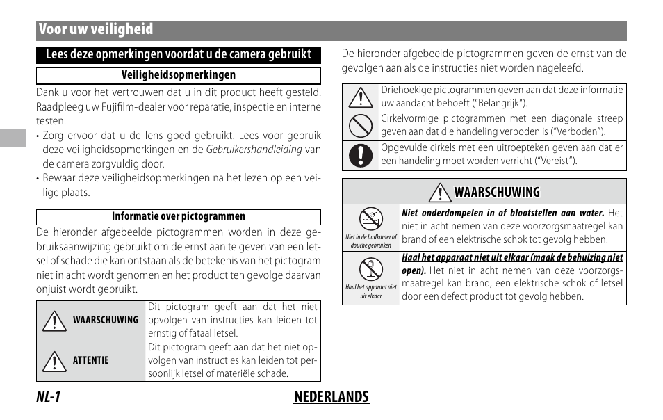 Nl-1 nederlands voor uw veiligheid, Lees deze opmerkingen voordat u de camera gebruikt, Waarschuwing waarschuwing | FujiFilm XC 35mm f/2 Lens User Manual | Page 36 / 120