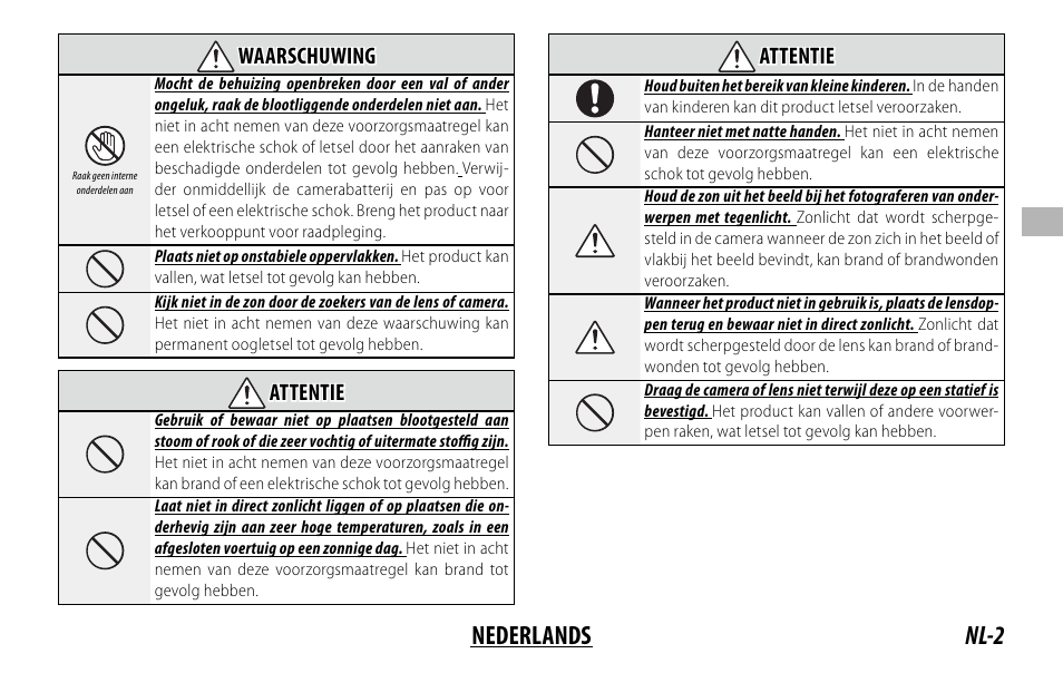 Nl-2 nederlands, Waarschuwing waarschuwing, Attentie attentie | FujiFilm XC 35mm f/2 Lens User Manual | Page 37 / 120