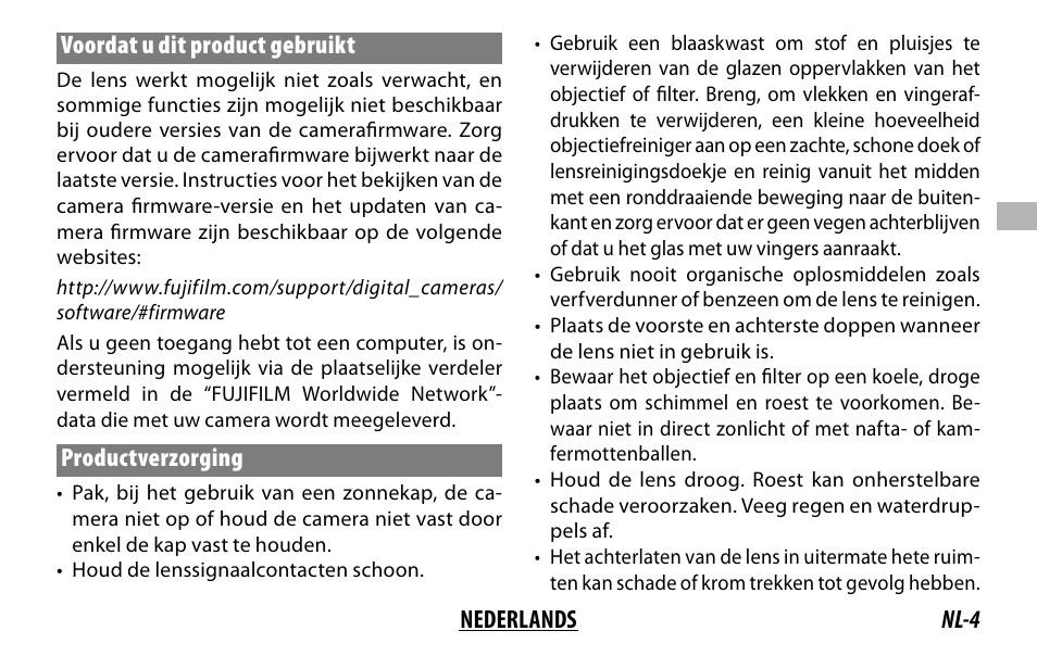 Nl-4 nederlands voordat u dit product gebruikt, Productverzorging | FujiFilm XC 35mm f/2 Lens User Manual | Page 39 / 120