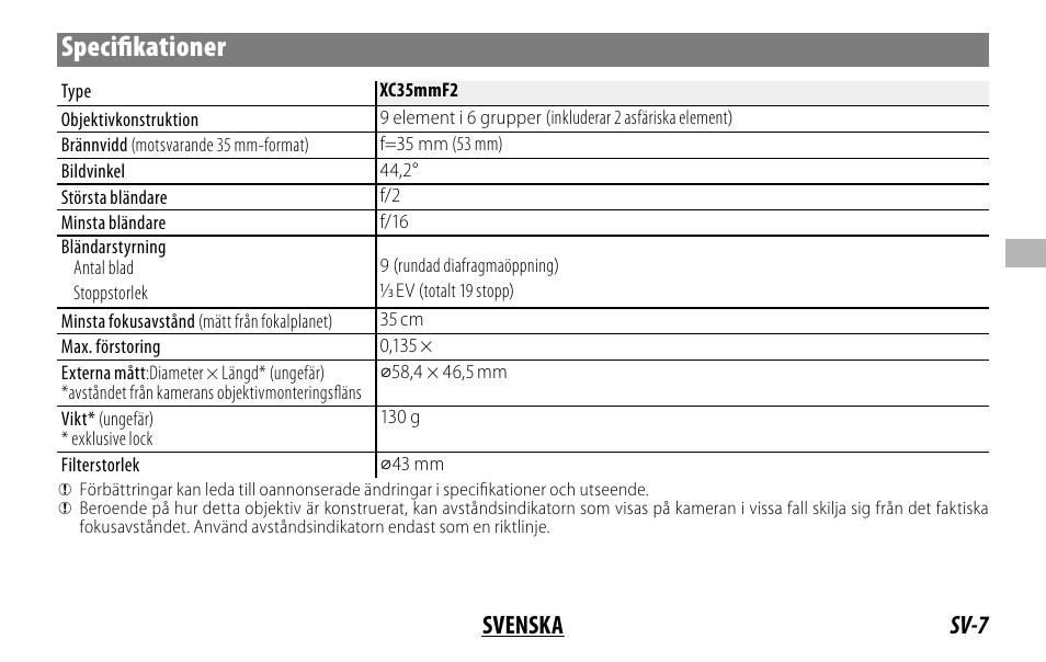 Specifi kationer, Sv-7 svenska | FujiFilm XC 35mm f/2 Lens User Manual | Page 49 / 120