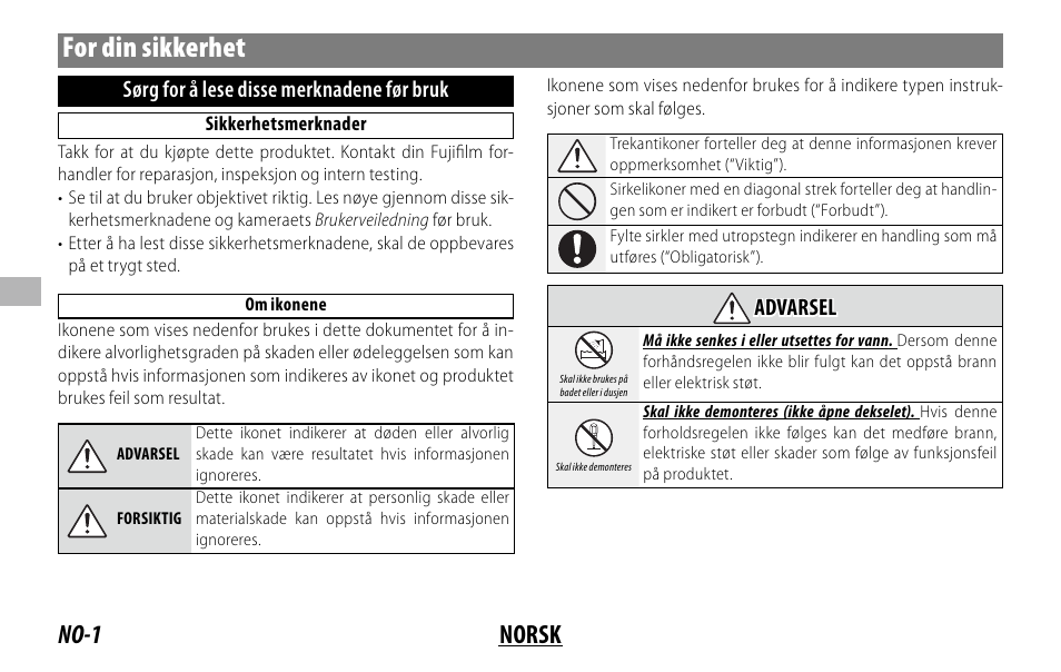 For din sikkerhet, No-1 norsk, Sørg for å lese disse merknadene før bruk | Advarsel advarsel | FujiFilm XC 35mm f/2 Lens User Manual | Page 50 / 120