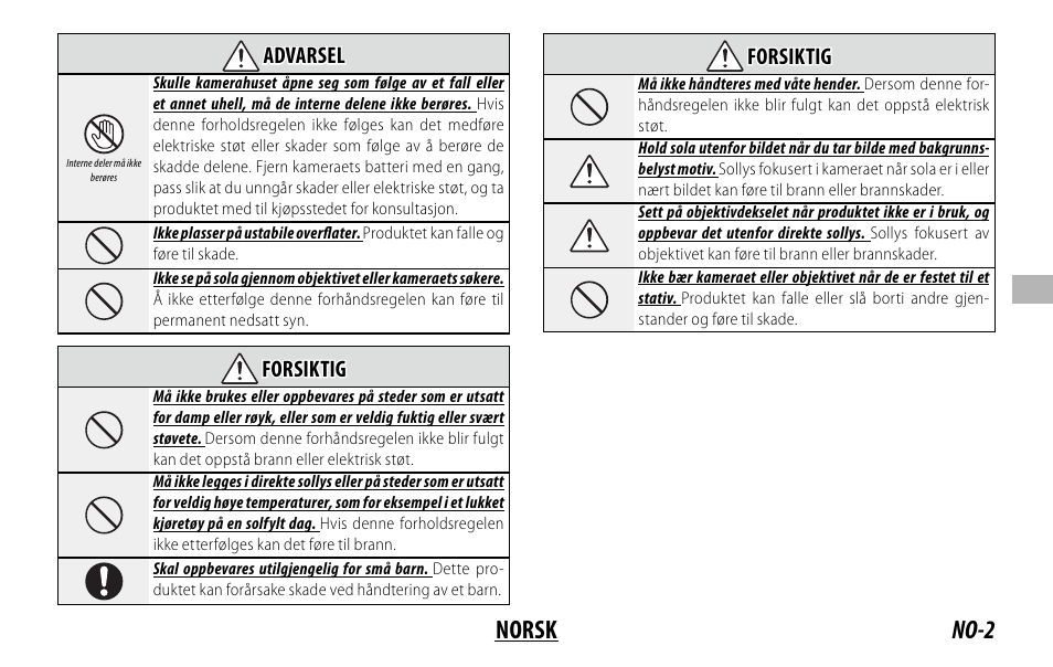 No-2 norsk, Advarsel advarsel, Forsiktig forsiktig | FujiFilm XC 35mm f/2 Lens User Manual | Page 51 / 120