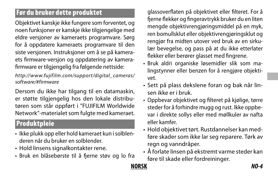 Før du bruker dette produktet, Produktpleie | FujiFilm XC 35mm f/2 Lens User Manual | Page 53 / 120