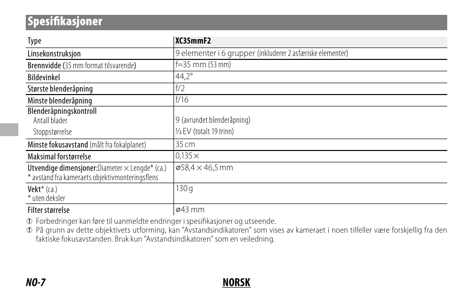 Spesifi kasjoner, No-7 norsk | FujiFilm XC 35mm f/2 Lens User Manual | Page 56 / 120