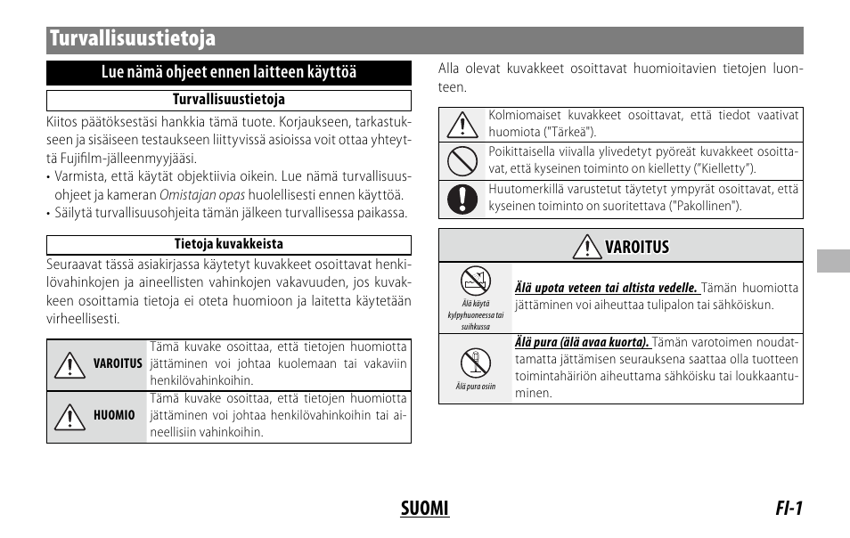 Turvallisuustietoja, Fi-1 suomi, Lue nämä ohjeet ennen laitteen käyttöä | Varoitus varoitus | FujiFilm XC 35mm f/2 Lens User Manual | Page 57 / 120