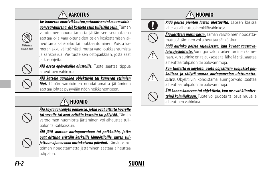 Fi-2 suomi, Varoitus varoitus, Huomio huomio | FujiFilm XC 35mm f/2 Lens User Manual | Page 58 / 120