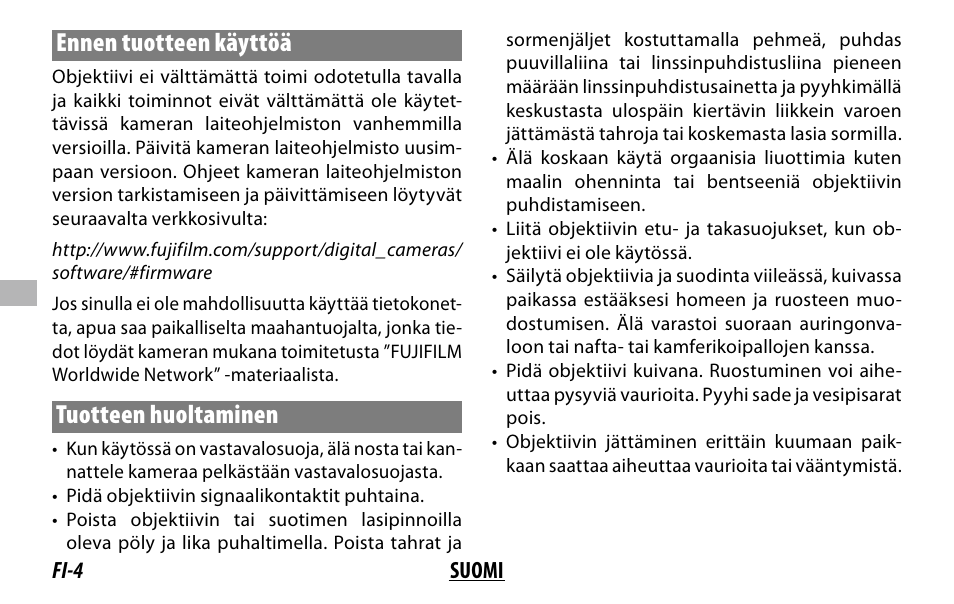 Ennen tuotteen käyttöä, Tuotteen huoltaminen, Fi-4 suomi | FujiFilm XC 35mm f/2 Lens User Manual | Page 60 / 120