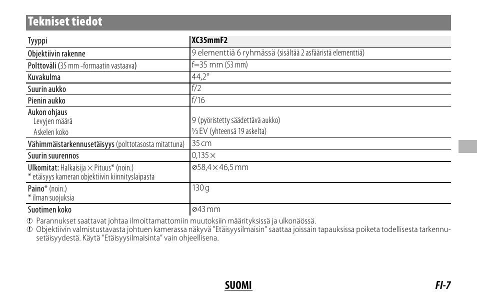 Tekniset tiedot, Fi-7 suomi | FujiFilm XC 35mm f/2 Lens User Manual | Page 63 / 120