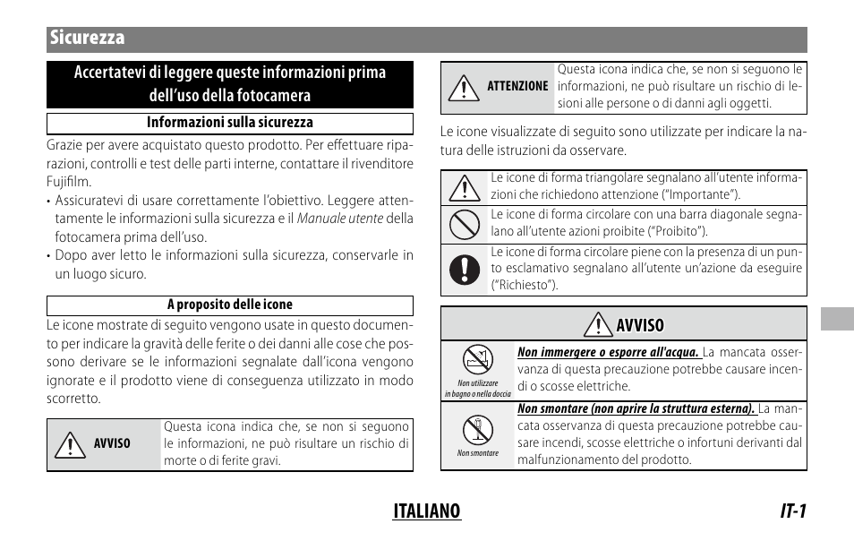 It-1 italiano sicurezza, Avviso avviso | FujiFilm XC 35mm f/2 Lens User Manual | Page 71 / 120