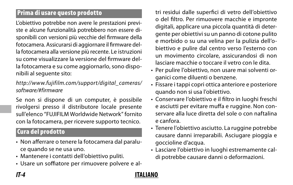 It-4 italiano prima di usare questo prodotto, Cura del prodotto | FujiFilm XC 35mm f/2 Lens User Manual | Page 74 / 120