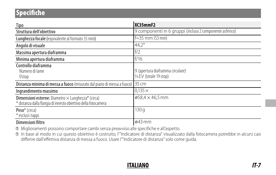 Specifi che, It-7 italiano | FujiFilm XC 35mm f/2 Lens User Manual | Page 77 / 120