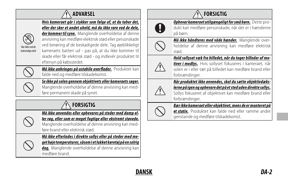 Da-2 dansk, Advarsel, Forsigtig | FujiFilm XC 35mm f/2 Lens User Manual | Page 79 / 120