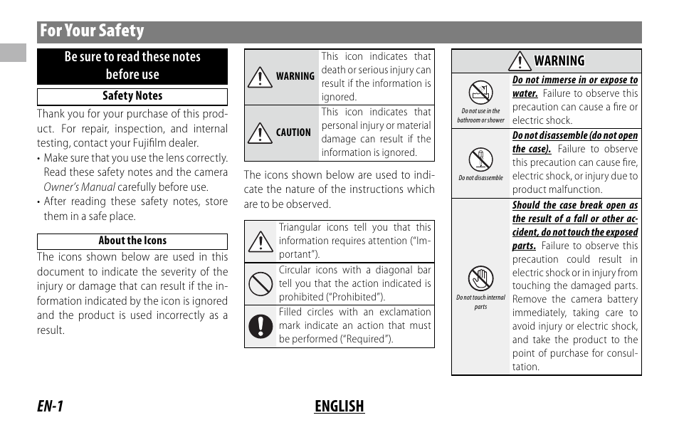 For your safety, En-1 english, Warning | FujiFilm XC 35mm f/2 Lens User Manual | Page 8 / 120