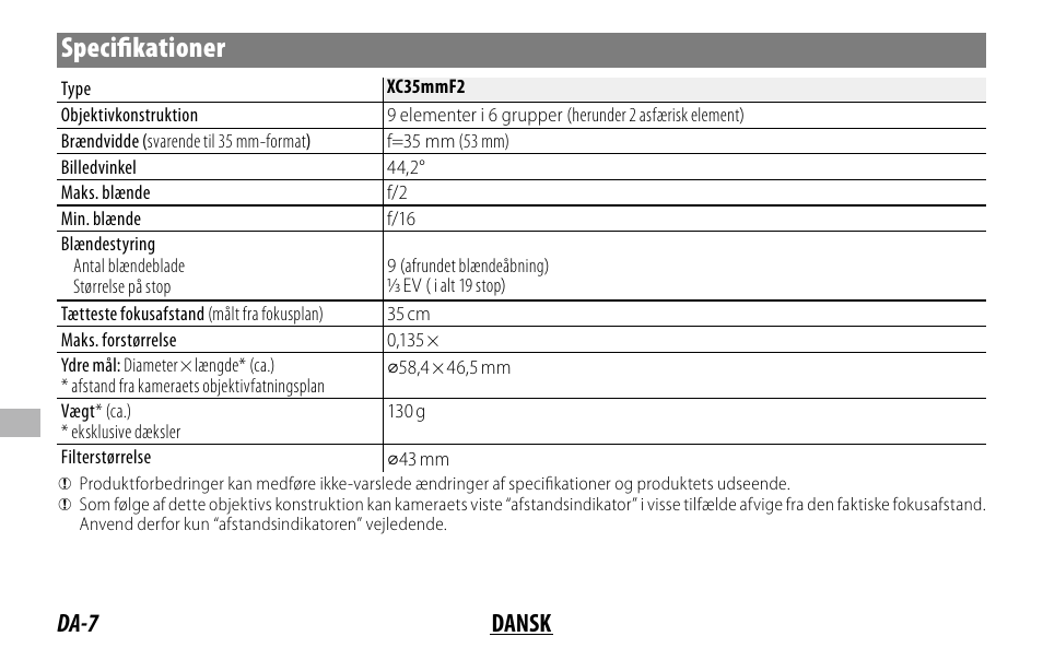 Specifi kationer, Da-7 dansk | FujiFilm XC 35mm f/2 Lens User Manual | Page 84 / 120