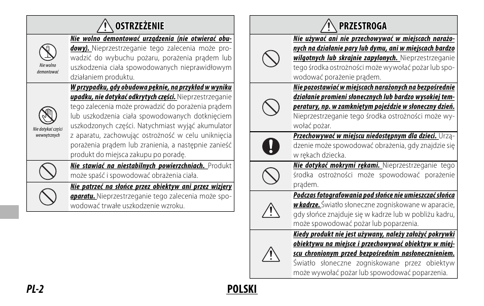 Pl-2 polski, Ostrzeżenie ostrzeżenie, Przestroga przestroga | FujiFilm XC 35mm f/2 Lens User Manual | Page 86 / 120