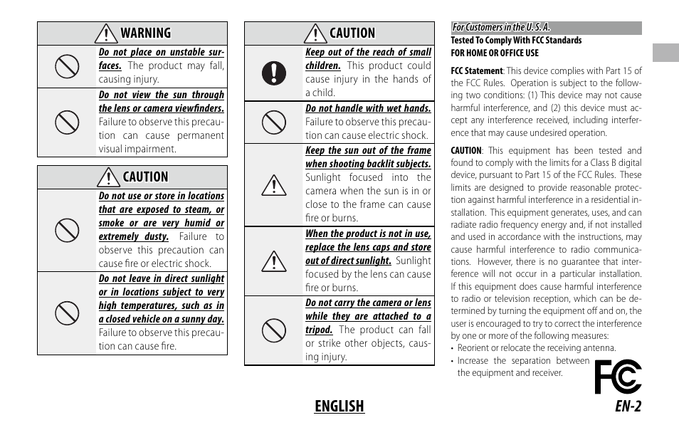 En-2 english, Warning, Caution | FujiFilm XC 35mm f/2 Lens User Manual | Page 9 / 120