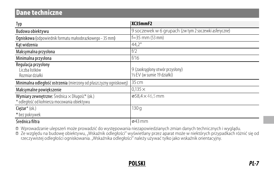 Dane techniczne, Pl-7 polski | FujiFilm XC 35mm f/2 Lens User Manual | Page 91 / 120