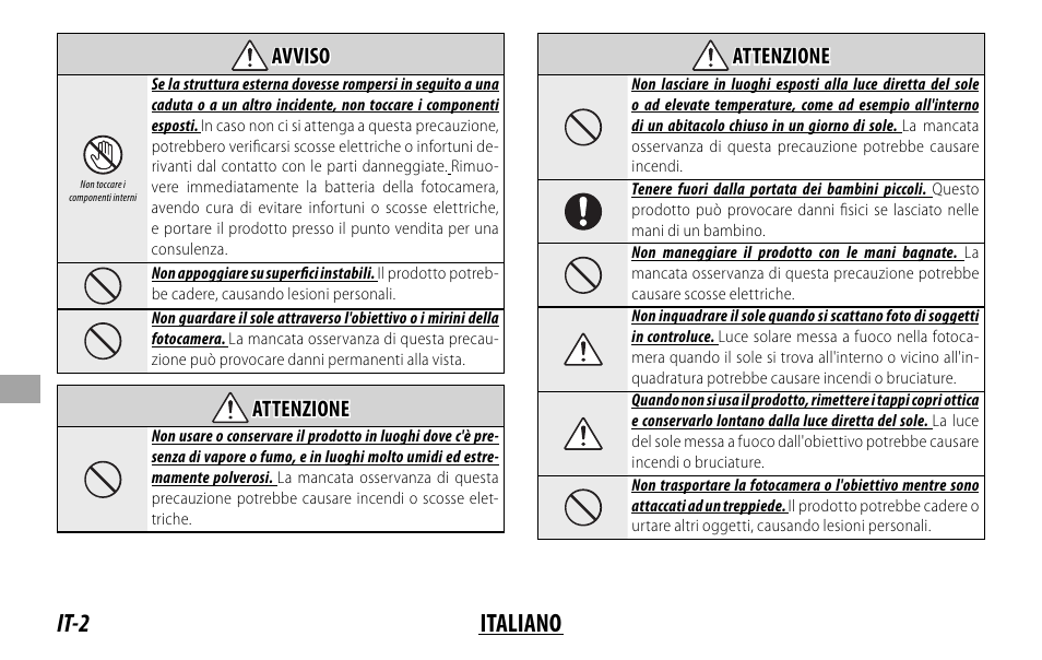 It-2 italiano, Avviso avviso, Attenzione attenzione | FujiFilm XF 50-140mm f/2.8 R LM OIS WR Lens User Manual | Page 102 / 170