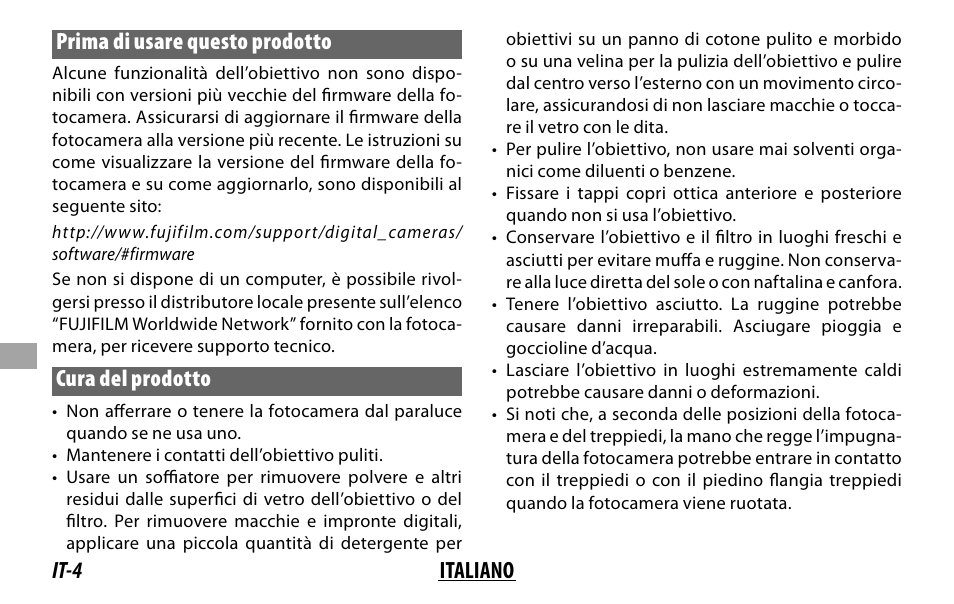 It-4 italiano prima di usare questo prodotto, Cura del prodotto | FujiFilm XF 50-140mm f/2.8 R LM OIS WR Lens User Manual | Page 104 / 170