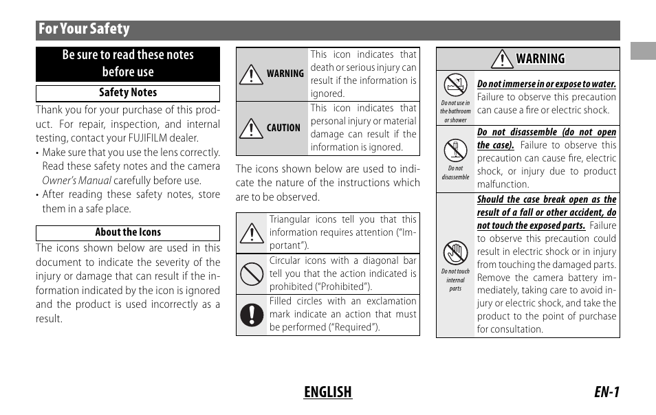 En-1 english for your safety, Warning | FujiFilm XF 50-140mm f/2.8 R LM OIS WR Lens User Manual | Page 11 / 170