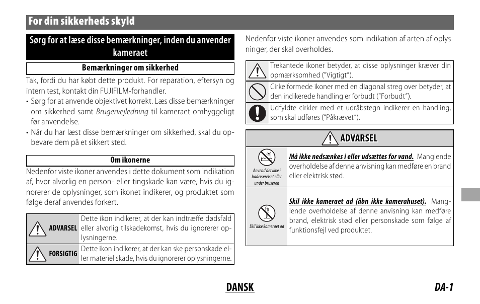 Da-1 dansk for din sikkerheds skyld, Advarsel | FujiFilm XF 50-140mm f/2.8 R LM OIS WR Lens User Manual | Page 111 / 170