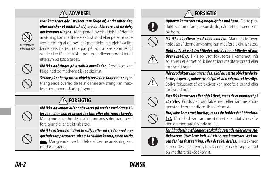 Da-2 dansk, Advarsel, Forsigtig | FujiFilm XF 50-140mm f/2.8 R LM OIS WR Lens User Manual | Page 112 / 170