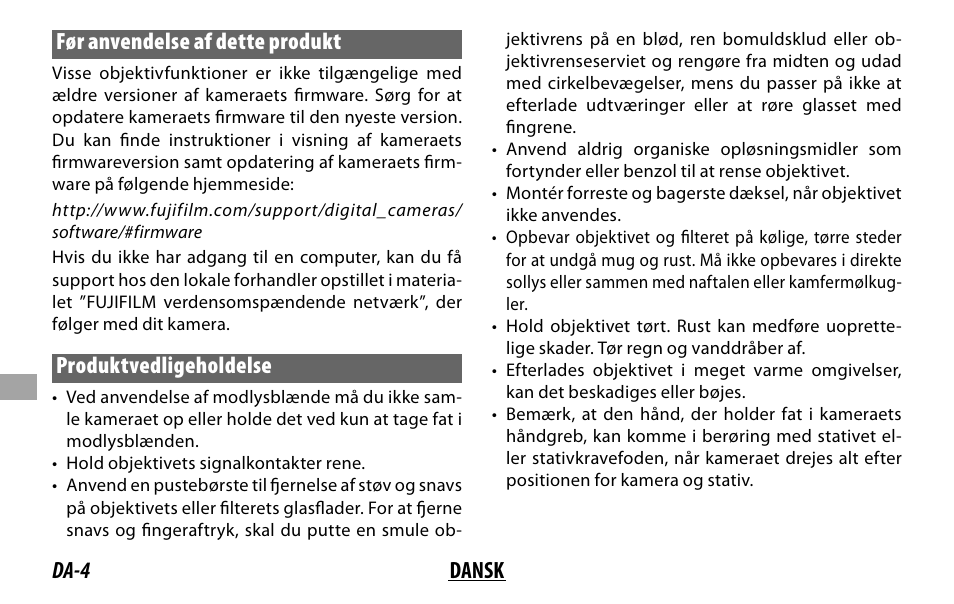 Da-4 dansk før anvendelse af dette produkt, Produktvedligeholdelse | FujiFilm XF 50-140mm f/2.8 R LM OIS WR Lens User Manual | Page 114 / 170