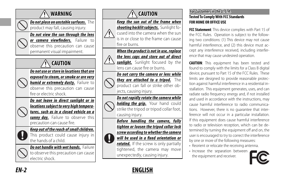 En-2 english, Warning, Caution | FujiFilm XF 50-140mm f/2.8 R LM OIS WR Lens User Manual | Page 12 / 170