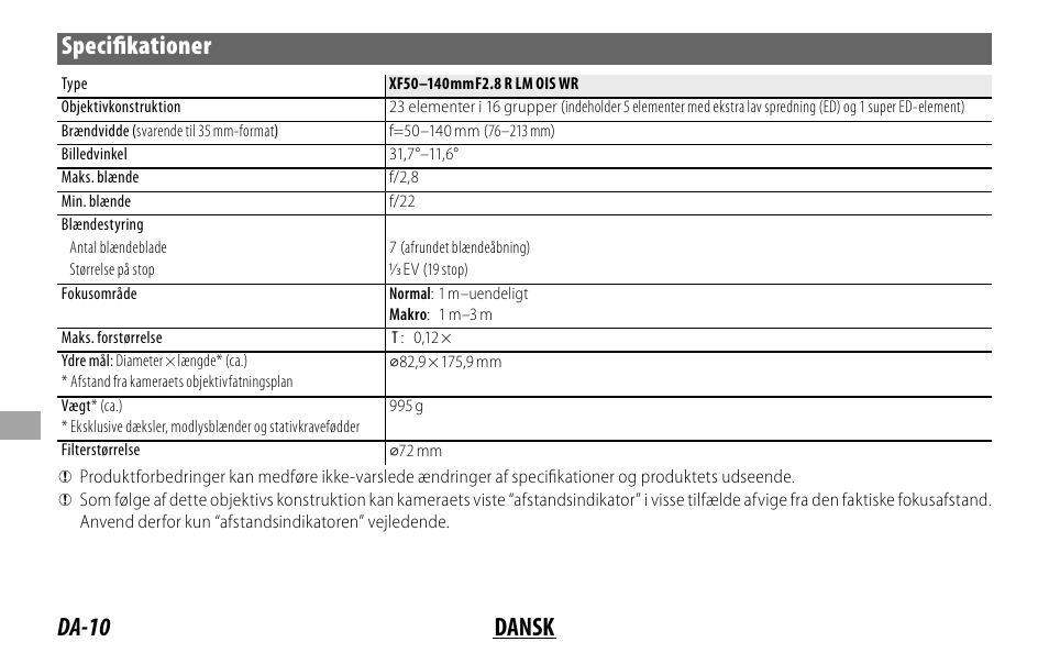 Da-10 dansk, Specifi kationer | FujiFilm XF 50-140mm f/2.8 R LM OIS WR Lens User Manual | Page 120 / 170