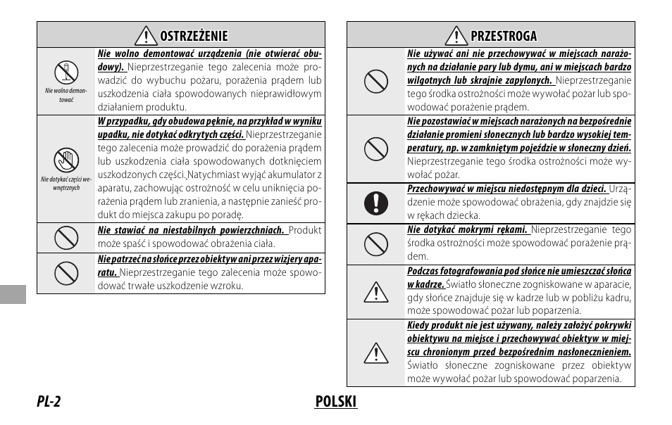 Pl-2 polski, Ostrzeżenie ostrzeżenie, Przestroga przestroga | FujiFilm XF 50-140mm f/2.8 R LM OIS WR Lens User Manual | Page 122 / 170