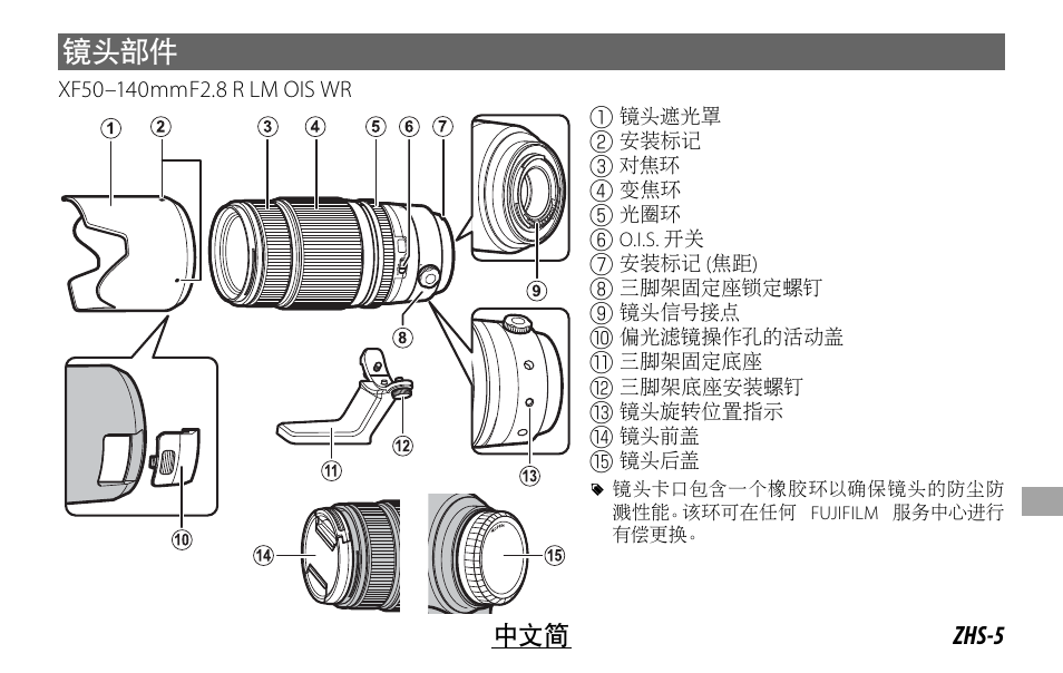 镜头部件, Zhs-5 中文简 | FujiFilm XF 50-140mm f/2.8 R LM OIS WR Lens User Manual | Page 135 / 170