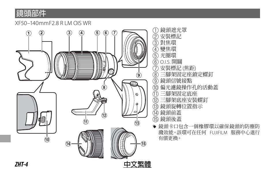 鏡頭部件, Zht-4 中文繁體 | FujiFilm XF 50-140mm f/2.8 R LM OIS WR Lens User Manual | Page 144 / 170