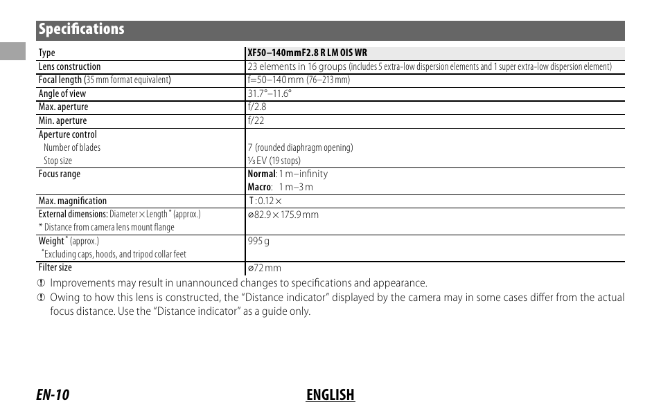 En-10 english specifi cations | FujiFilm XF 50-140mm f/2.8 R LM OIS WR Lens User Manual | Page 20 / 170