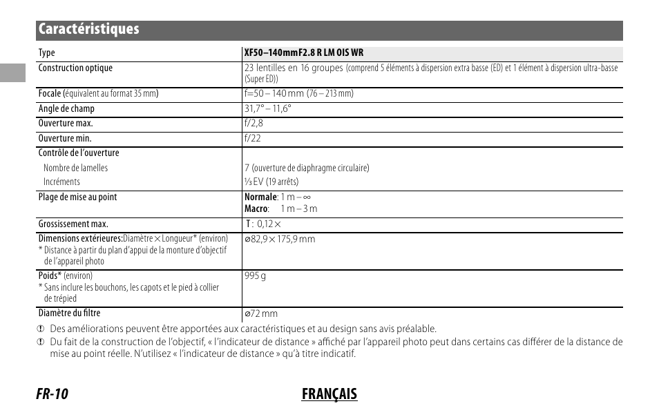 Fr-10 français caractéristiques | FujiFilm XF 50-140mm f/2.8 R LM OIS WR Lens User Manual | Page 30 / 170