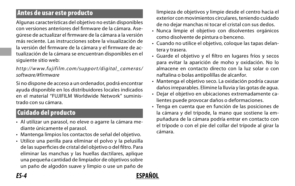 Es-4 español antes de usar este producto, Cuidado del producto | FujiFilm XF 50-140mm f/2.8 R LM OIS WR Lens User Manual | Page 44 / 170