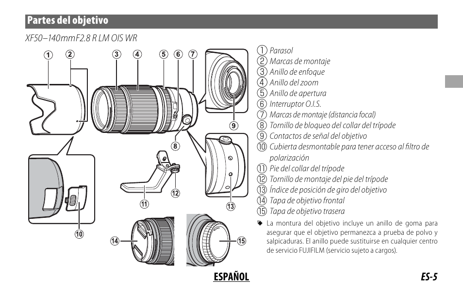 Es-5 español partes del objetivo | FujiFilm XF 50-140mm f/2.8 R LM OIS WR Lens User Manual | Page 45 / 170