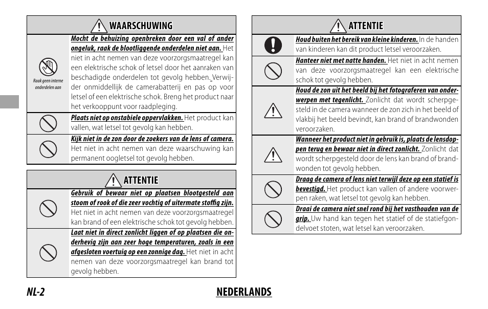 Nl-2 nederlands, Waarschuwing waarschuwing, Attentie attentie | FujiFilm XF 50-140mm f/2.8 R LM OIS WR Lens User Manual | Page 52 / 170
