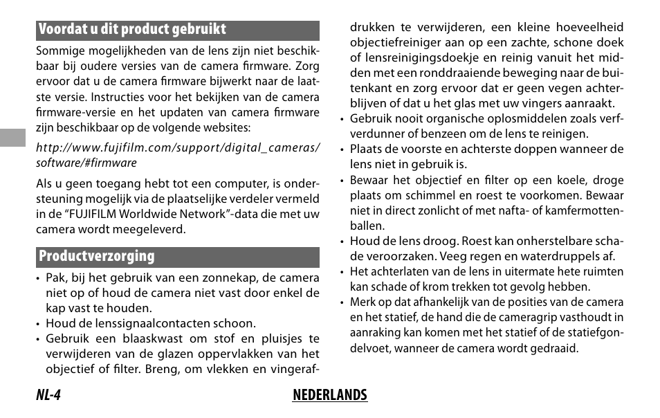 Nl-4 nederlands voordat u dit product gebruikt, Productverzorging | FujiFilm XF 50-140mm f/2.8 R LM OIS WR Lens User Manual | Page 54 / 170