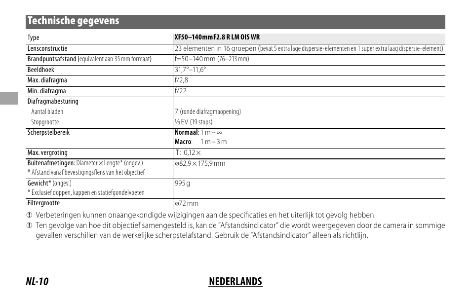 Nl-10 nederlands technische gegevens | FujiFilm XF 50-140mm f/2.8 R LM OIS WR Lens User Manual | Page 60 / 170