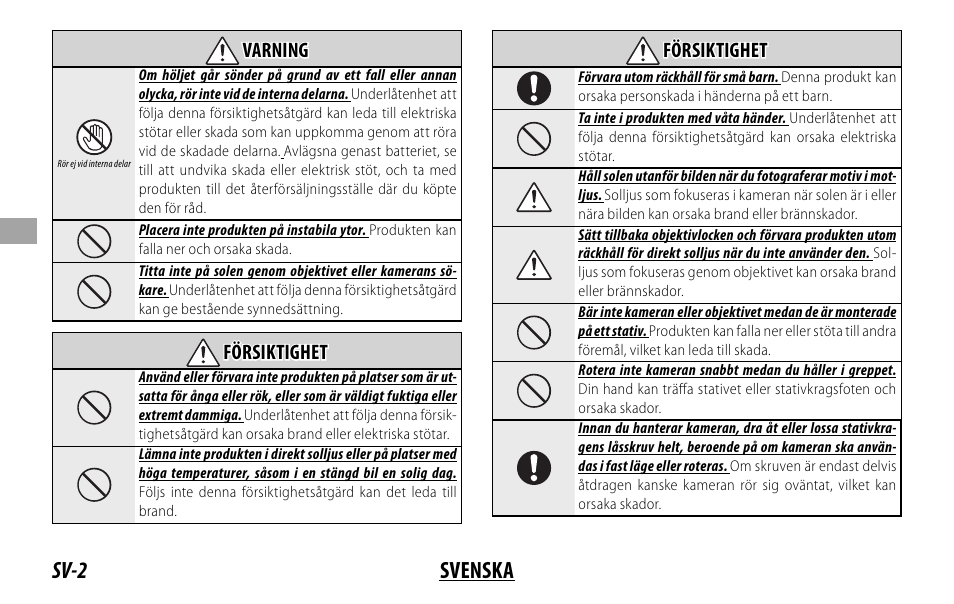 Sv-2 svenska, Varning varning, Försiktighet försiktighet | FujiFilm XF 50-140mm f/2.8 R LM OIS WR Lens User Manual | Page 62 / 170