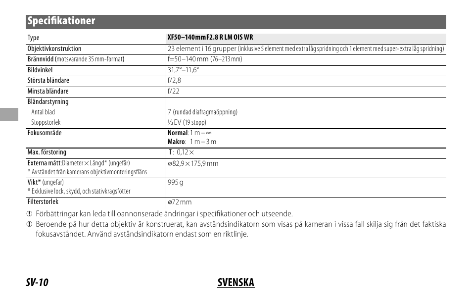 Sv-10 svenska specifi kationer | FujiFilm XF 50-140mm f/2.8 R LM OIS WR Lens User Manual | Page 70 / 170