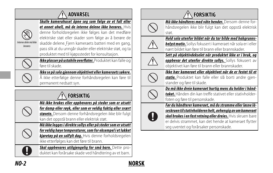 No-2 norsk, Advarsel advarsel, Forsiktig forsiktig | FujiFilm XF 50-140mm f/2.8 R LM OIS WR Lens User Manual | Page 72 / 170