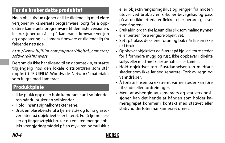 Før du bruker dette produktet, Produktpleie, No-4 norsk | FujiFilm XF 50-140mm f/2.8 R LM OIS WR Lens User Manual | Page 74 / 170