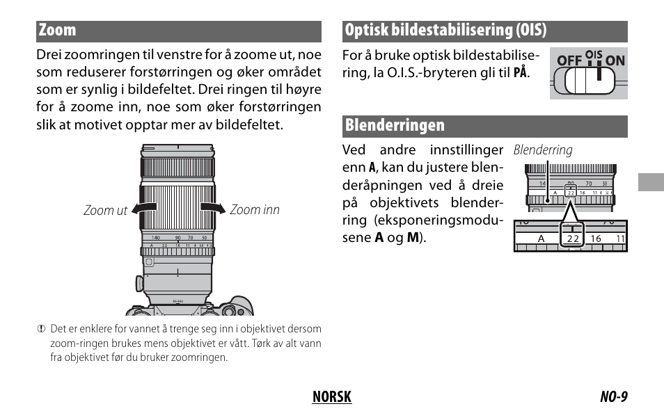 Zoom, Optisk bildestabilisering (ois), Blenderringen | FujiFilm XF 50-140mm f/2.8 R LM OIS WR Lens User Manual | Page 79 / 170