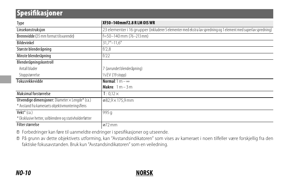 Spesifi kasjoner, No-10 norsk | FujiFilm XF 50-140mm f/2.8 R LM OIS WR Lens User Manual | Page 80 / 170