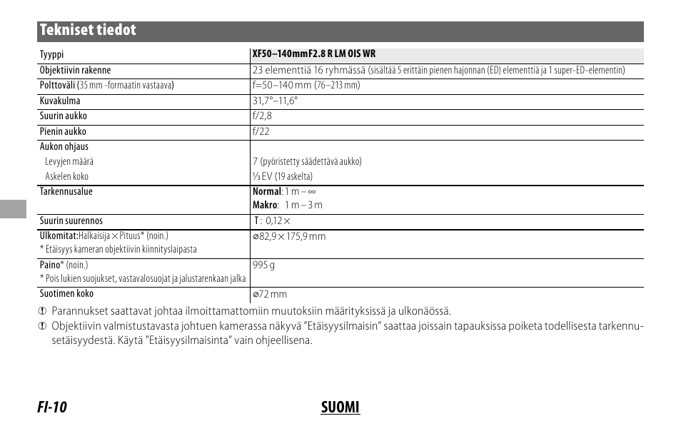 Fi-10 suomi tekniset tiedot | FujiFilm XF 50-140mm f/2.8 R LM OIS WR Lens User Manual | Page 90 / 170