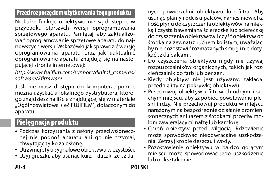 Przed rozpoczęciem użytkowania tego produktu, Pielęgnacja produktu | FujiFilm XF 16mm f/1.4 R WR Lens User Manual | Page 100 / 136