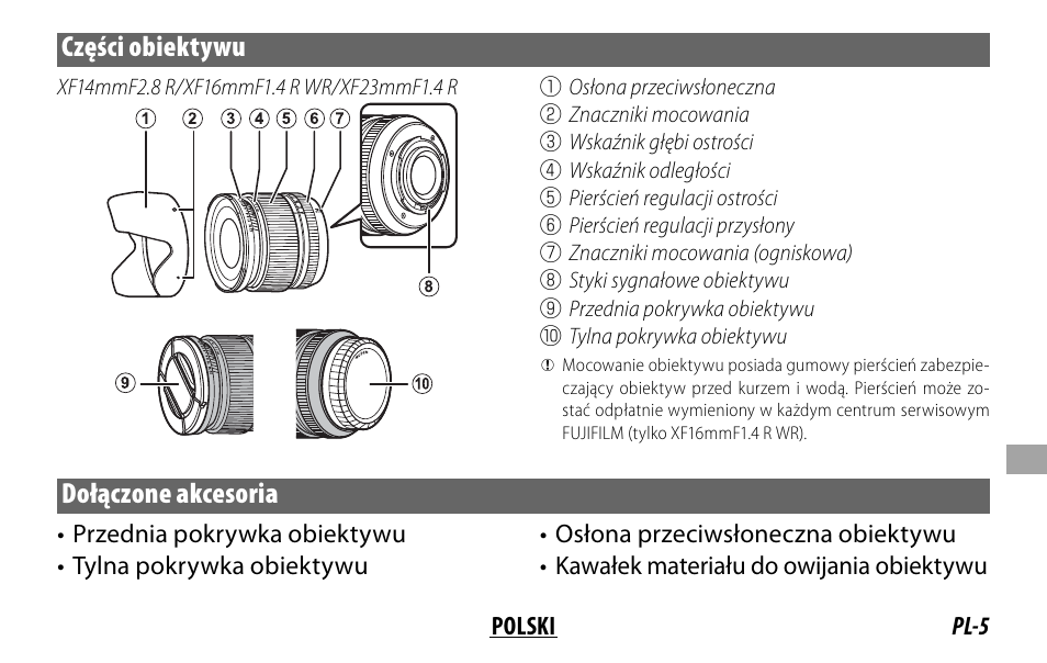 Części obiektywu, Dołączone akcesoria | FujiFilm XF 16mm f/1.4 R WR Lens User Manual | Page 101 / 136