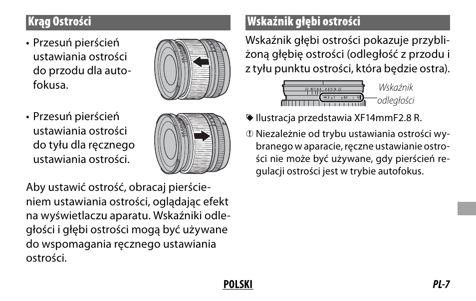 Krąg ostrości, Wskaźnik głębi ostrości | FujiFilm XF 16mm f/1.4 R WR Lens User Manual | Page 103 / 136